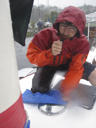 Dashing outside to tape the mast sealed etc as hurricane sets in