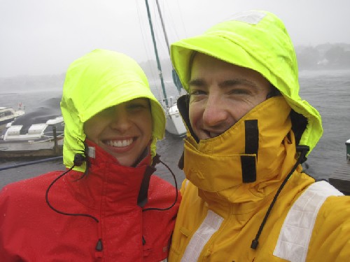 Testing out the wet weather gear during a hurricane. Note angle of mast in background blown by wind