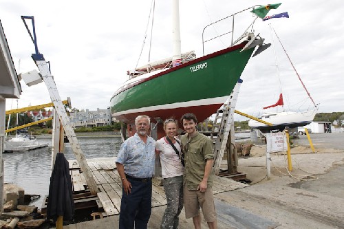 About to launch - Jim Creighton the original builder and us, the re-builders just before launch