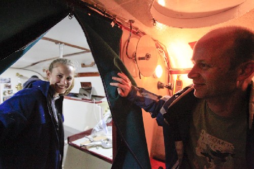 Jess and Jim B admire their finished canvas warmth-sealing doors