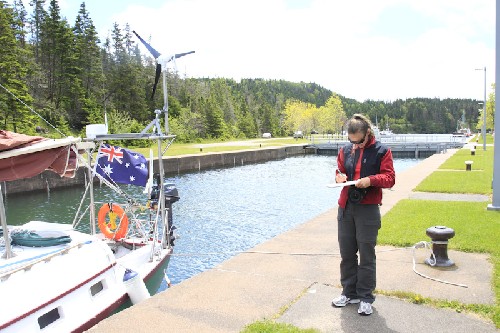Jess signing visitors book at the lock - not often we get Australians here!