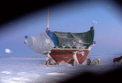 Teleport hunkered down mid-winter, thanks to Colin who dog sledded out to check on her in -50 deg winter night!