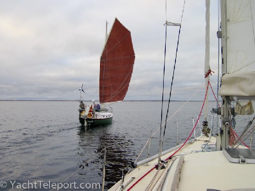 Sailing out of Cambridge Bay, view from Luc\'s yacht Roxane