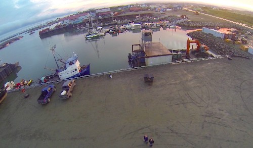 Frame from GoPro video of test flight od DJI Phantom drone over Nome Harbour - see Teleport