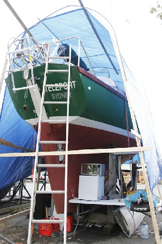 Teleport all covered over in our tarp system. Note the kitchen underneath!