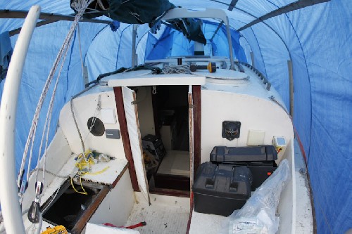 Our tarp system to keep Teleport dry while we work on her for next few weeks