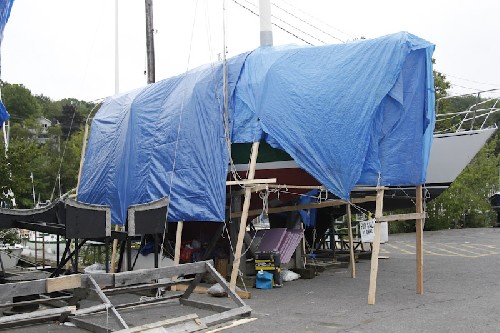 Our tarp system to keep Teleport dry while we work on her for next few weeks