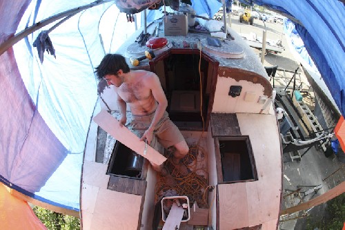 Putting in the jigsaw puzzle of new bits of wood in the cockpit to replace the rotten bits