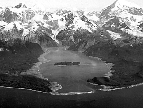 Photo of Lituya Bay soon after the wave showing the trees removed - Click for full-size.