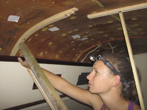 Propping up strips of glued wood to dry so that we can then screw our ceiling to them rather than into the deck itself
